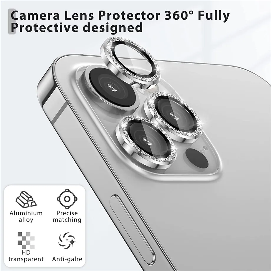 Diamond Glitter Camera Lens Protector For Iphone 14 13 12 11 Pro Max Mini Metal Ring Lens Glass
