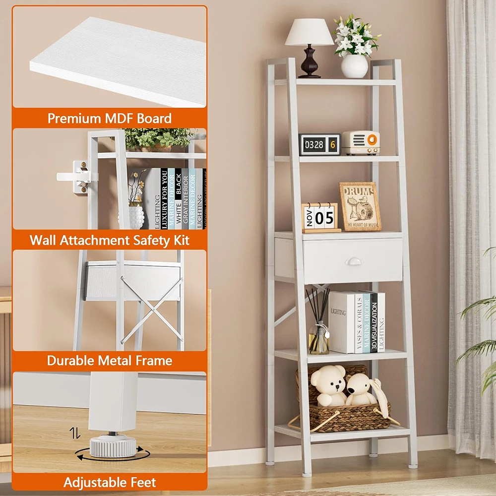 5 Tier Wooden/Metal Modern Bookshelf Ladder Shelf Drawer Tall Narrow Storage Organizer for Living Room Home Office factory