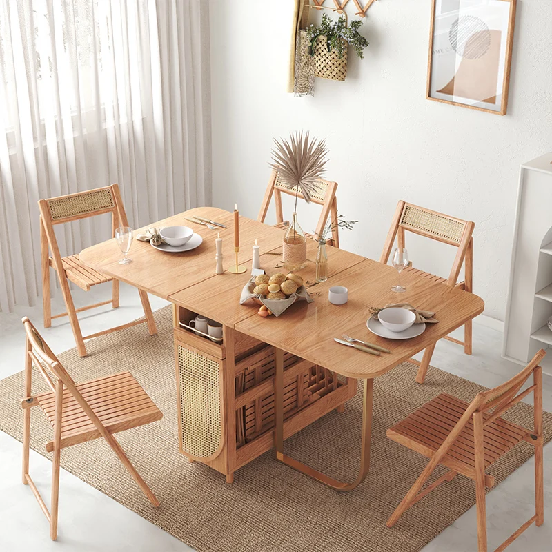 Dining Room Furniture Two Sides Opening Stainless Steel Legs Wood Folding Dining Table Set with Four Chairs