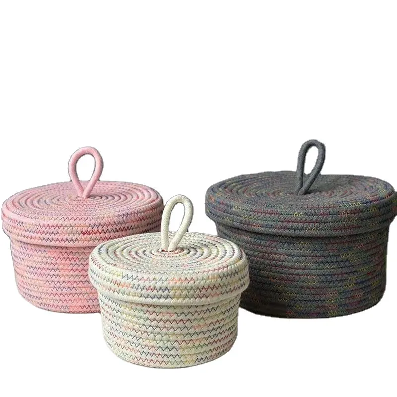Creative Desktop Sundries Foldable Woven Baskets Organizer Clothes Toy Stackable Cotton Rope Storage Basket with Lid