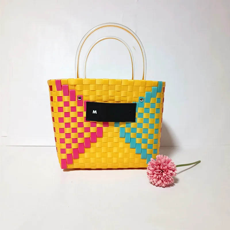 Environmentally friendly material pp belt hand-woven shopping bag beach bag patchwork color fashion