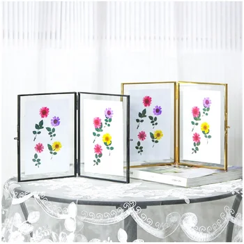 black Gold Metal Floating Wedding Double Sided Glass Picture Photo Frames Stand Tabletop Home Decorative Metal Photo Frame