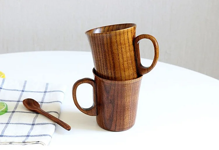 H192  Office Water Beer Milk Carved Mug with Handle Natural Handmade Wood Cups & Saucers