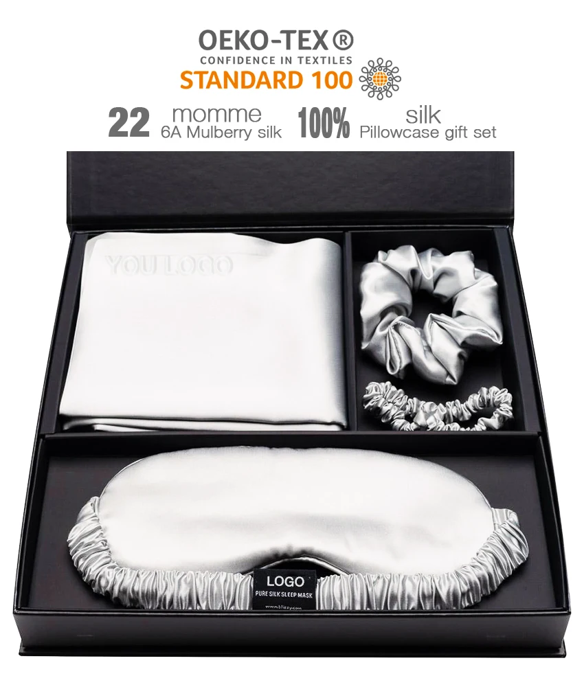 100% Mulberry Silk Eye Mask and Pillowcase Custom Logo Label Silk Scrunchies Wearable Packaging Gift Set