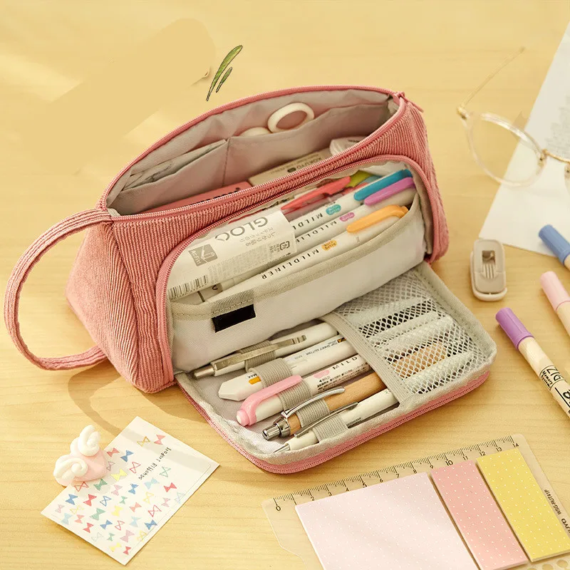 Casual Fashion Canvas Pencil Bag Large Capacity Pencil Case Pen Pencil Holder Student Stationery Organizer