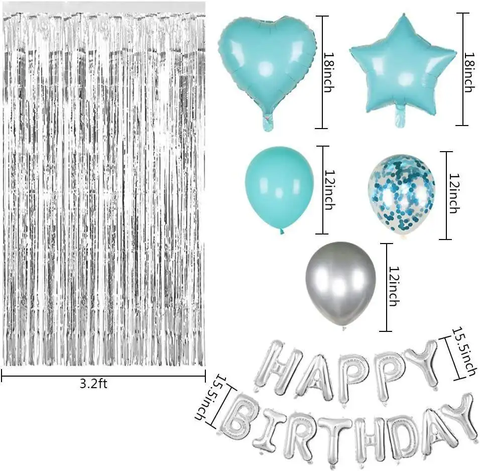 Silver Mint Green Balloon Foil Fringe Kids Birthday Theme Decoration Supplies