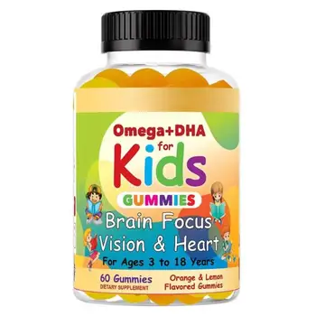 Omega+DHA for Kids Gummies to Brain Focus, Vision & Heart for Ages 3 to 18 Years Dietary Supplement Orange & Lemon Flavored