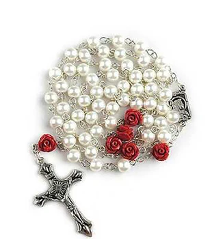 8mm Cream Pearl Beads Rosary Rose Mary and Jesus Prayer Rosaries Religious Cross Necklace