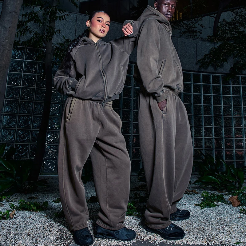 Custom Acid Washed Hooded Streetwear Tracksuit OEM Service Sweatsuit