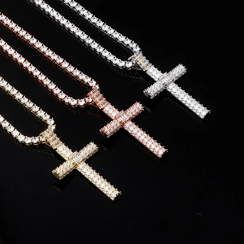 Hip hop Jewelry Sterling Silver Long Chain Jesus cross pendant Rhinestone Crystal full diamond Pendant Men Jesus Cross Necklace