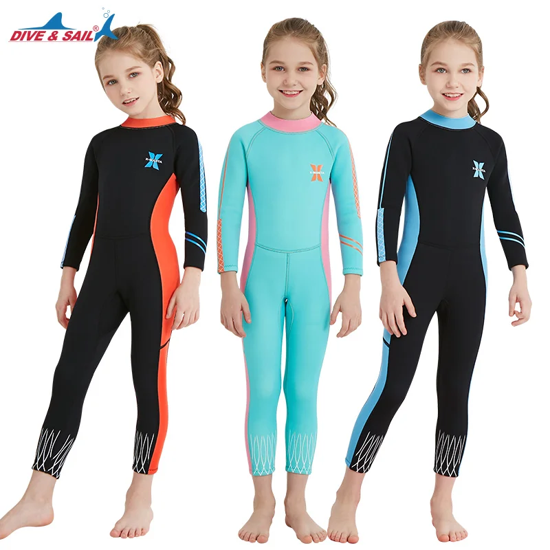 One Piece 2.5MM Children Kids Girls Long Sleeve Warm Diving Suit Swim Wetsuit 