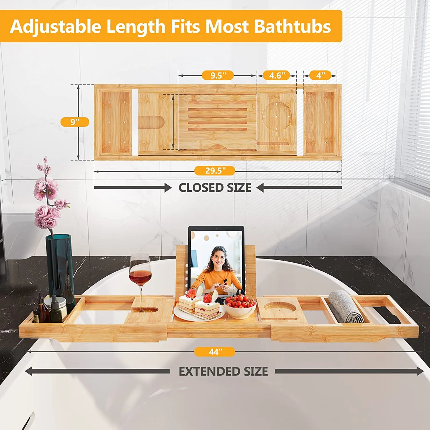 Bamboo Bathtub Caddy Tray Wood Bath Tray and Bath Caddy with Adjustable Foldable Legs for Bed