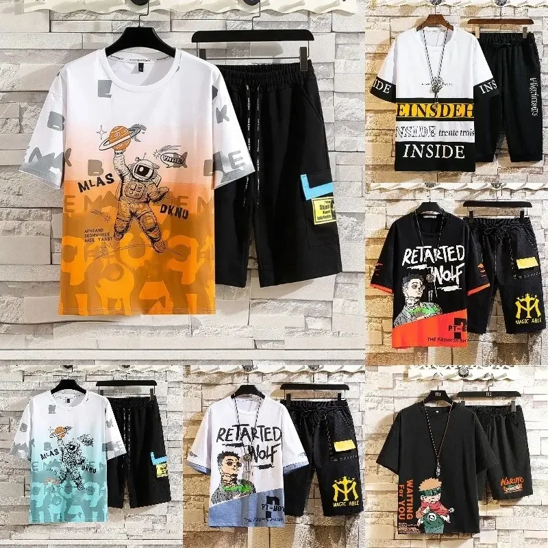 Wholesale Summer Men Casual Beach Sets Short Sleeve T Shirt Shorts Tracksuit Baggy Men's 2 Pieces Sets