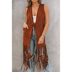 Dear-Lover OEM ODM Private Label Western Clothing Cowgirl Faux Fringed Sleeveless Long Cardigan Mujer