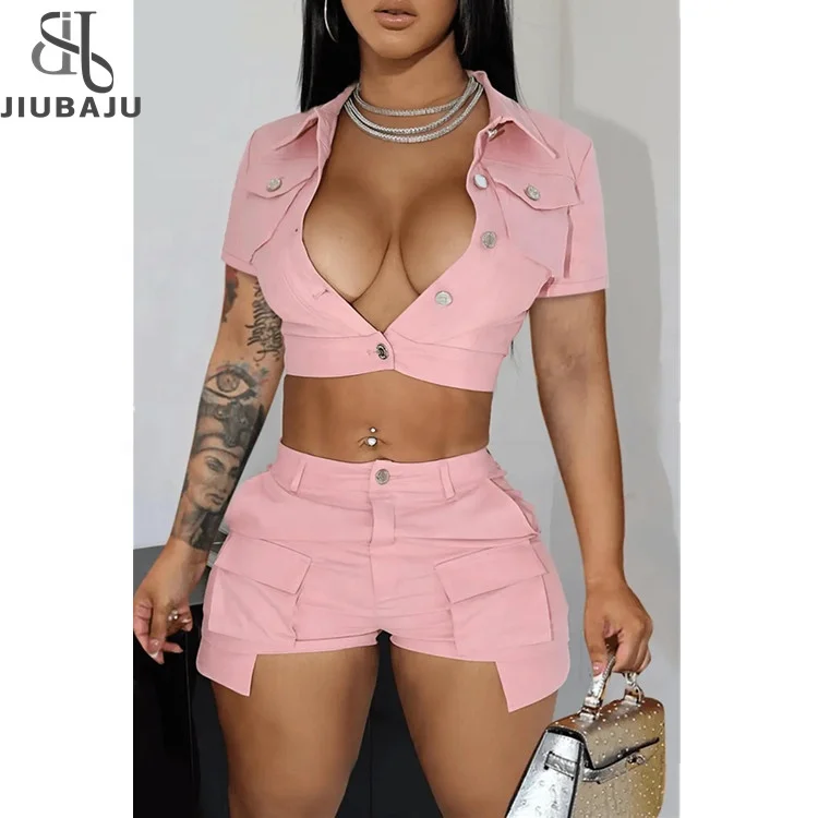 2023 Women Xs Clothing Summer New Style Shirt Solid Color Crop Top Two Piece Set Women Pocket Button Pink Short Sleeve Shorts Se