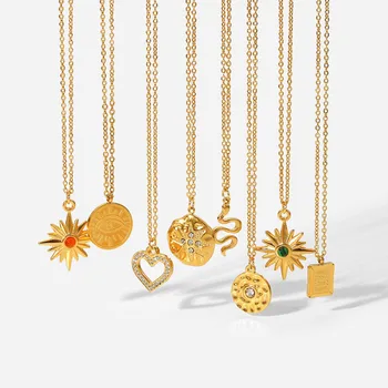18K Gold Stainless Steel Titanium Jewelry Women's Round Diamond Eight-pointed Star Love Pendant Necklace