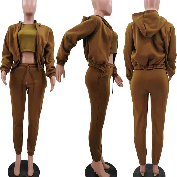 Fall Winter Three Pieces Sets Clothing Zipper Jacket Women Sweatsuit Sets Thick Hoodie Sportswear Sets