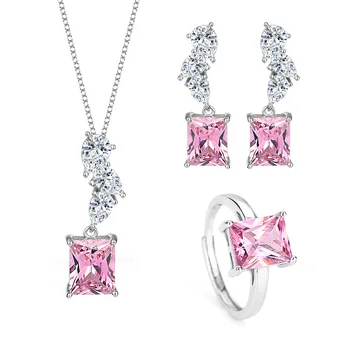 S925 Sterling Silver Pink Ruby CZ Three Piece Set Square Zircon Ring Pendant Necklace Earrings Luxury Jewelry Set