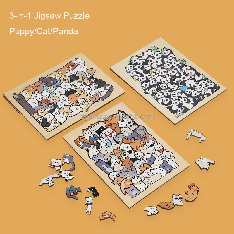 Kustom 3 In 1 Hewan Puzzle Kayu Mainan Jigsaw Panda Kucing Anjing Puzzle Pendidikan untuk Anak Laki-laki Perempuan Hadiah Dekorasi Natal Detail