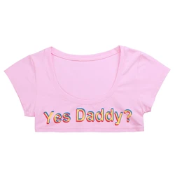 Womens Sexy Cotton Yes Daddy Letter Printed  Bra Tees Blouse Crop Tops Summer Short Sleeve Bra Tank Top T-Shirts