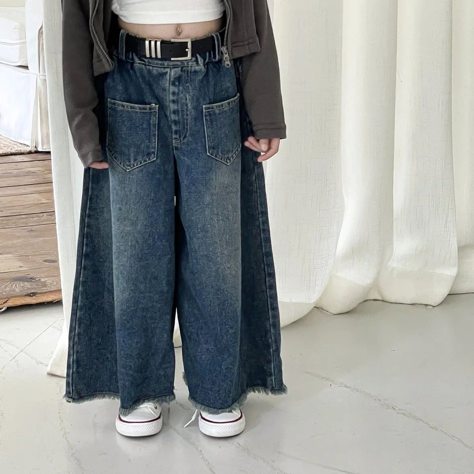 Children's Autumn New pure Wide Leg denim jeans Girls' Design loose jean