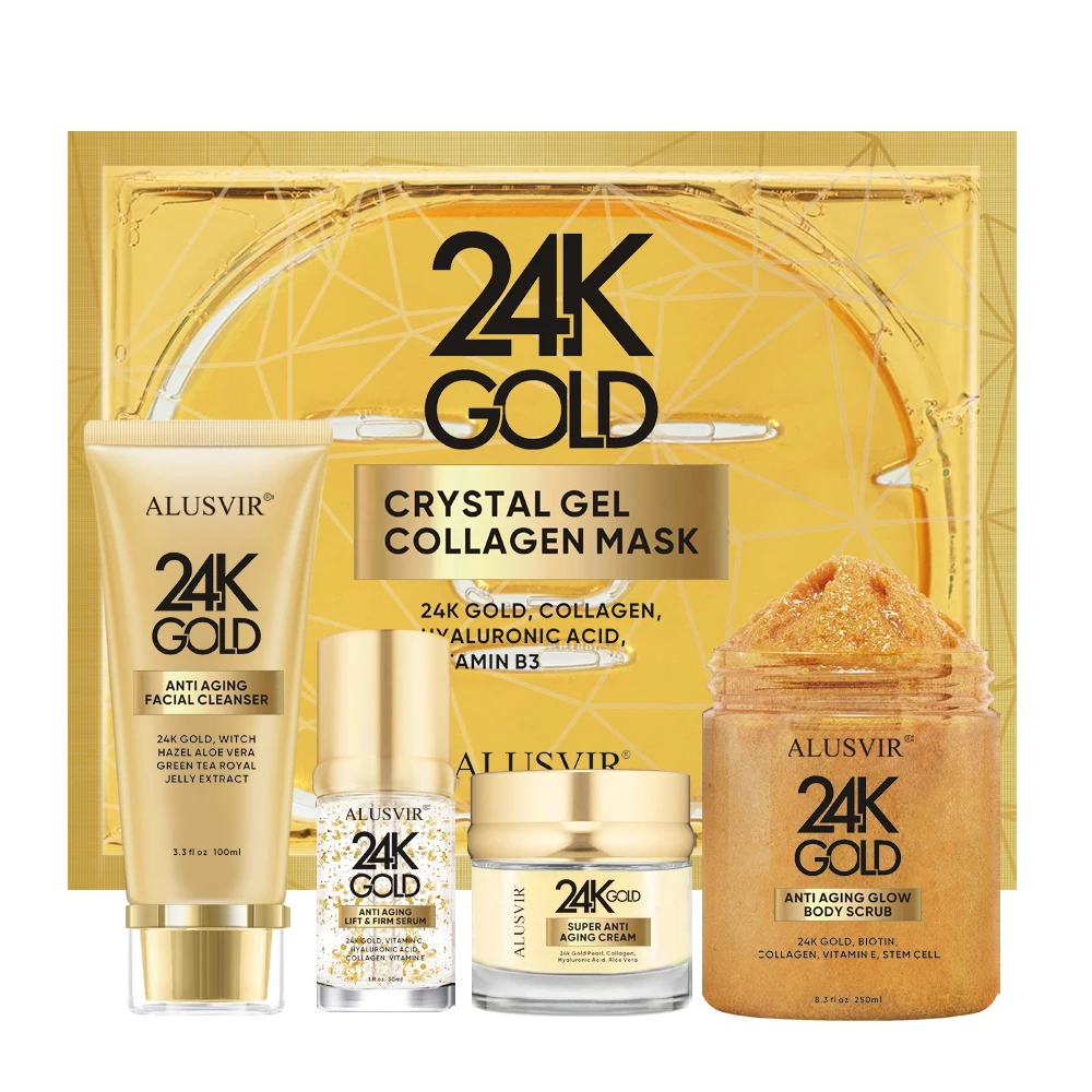 Luxury 24k Gold Skin Care Set Face Cleanser Serum Cream Body Scrub Facial Gel Mask Anti Aging Wrinkle Private Label Skincare