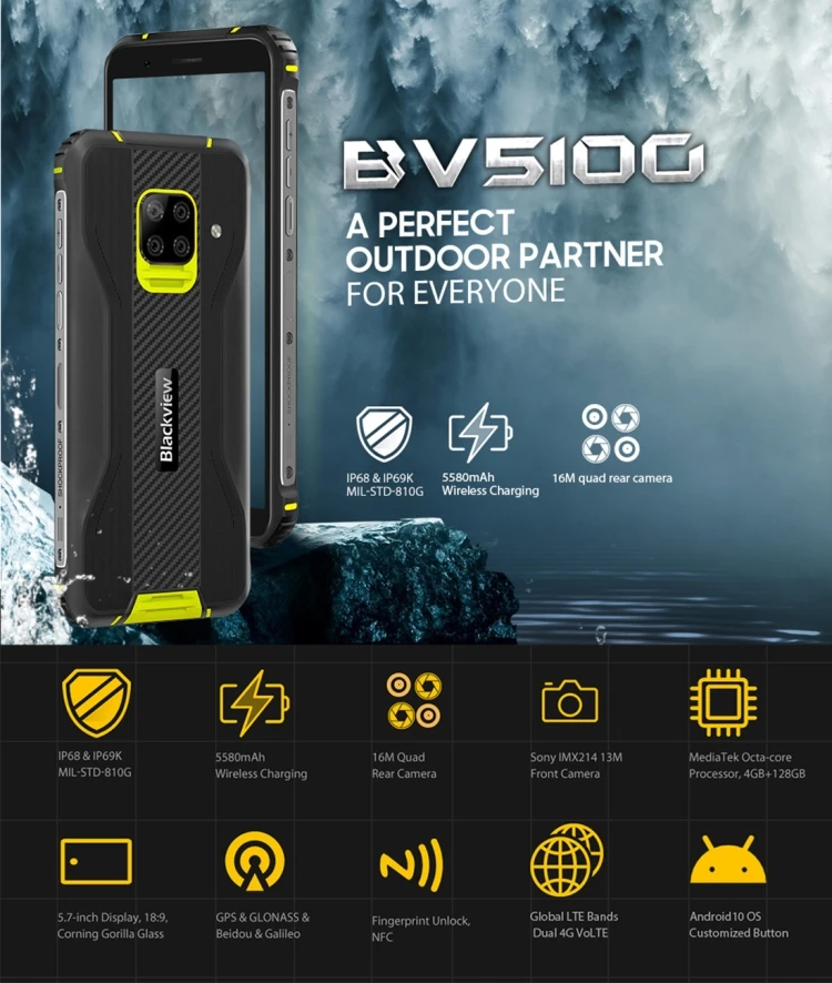 Blackview BV5100 2020 4GB+64GB/128GB Rugged 5.7 inch 5580mAh NFC 4G Android 10