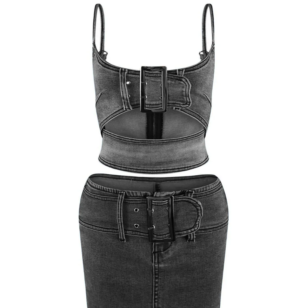 New Peoduct Mini Skirt Set Womens Casual Denim Suit Stretch Denim Camisole Crop Top Two Piece Set supplier