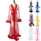 Fur 2022 New Arrival Long Hot Women Feather Robe Lingerie Femme Fur Sheer Robe Mesh Trim Sexy Lingerie
