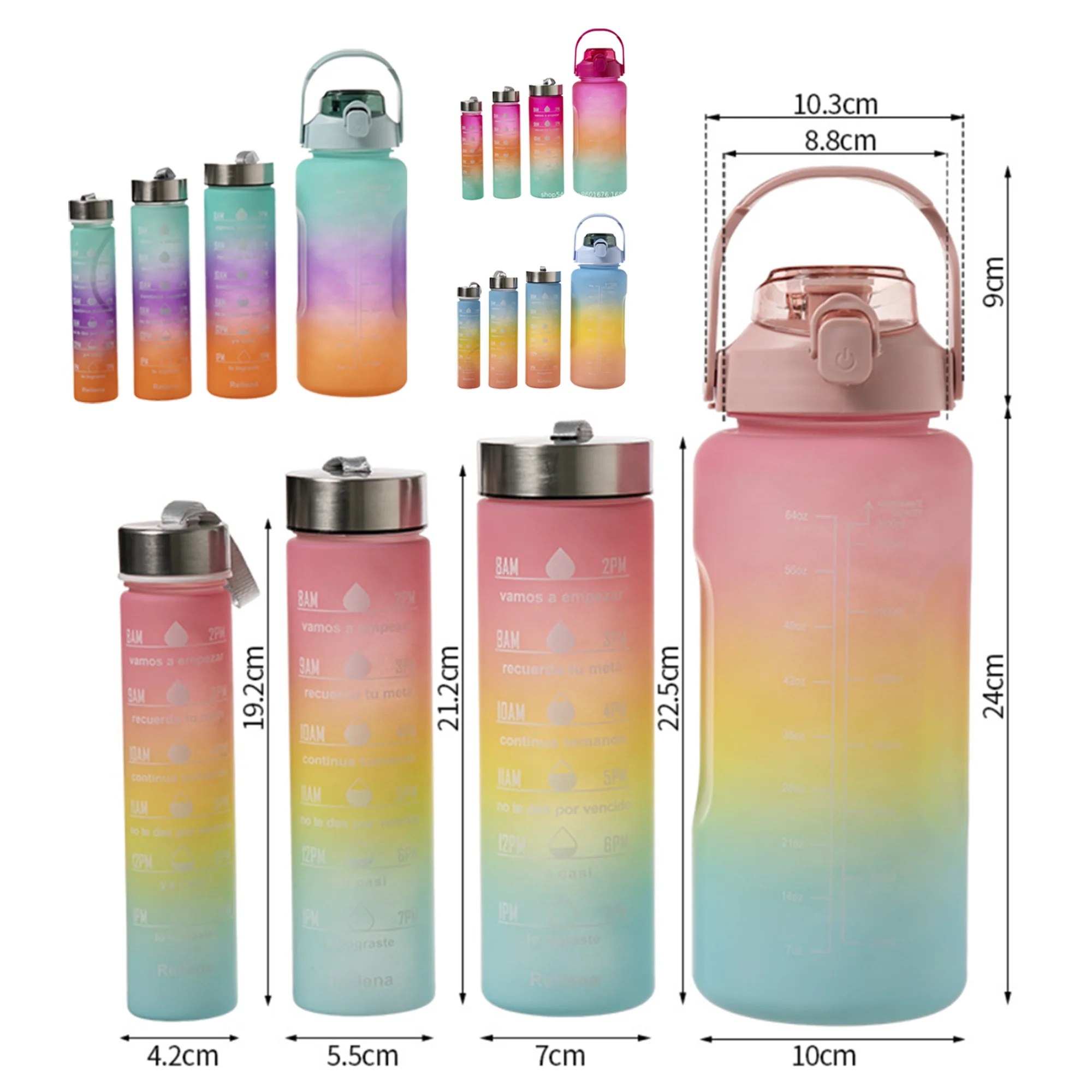 Wholesale 4pcs set 2000ml 800ml 450ml 200ml gradient Plastic water bottle portable frosted 2L Botella de agua de plastico