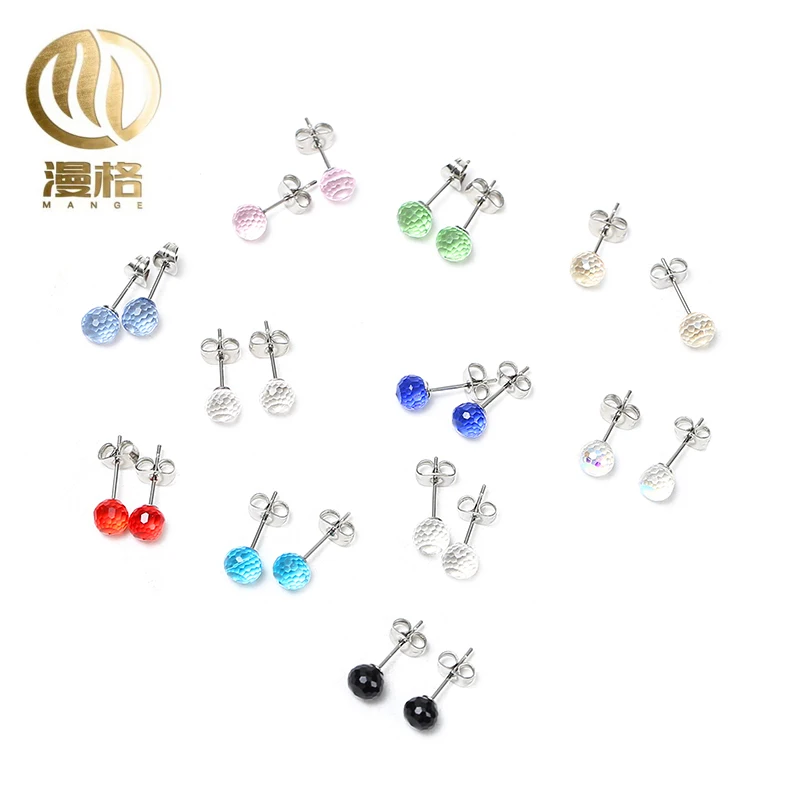 Stainless steel jewelry earrings with glass stone spherical earrings in various colors Colored ladies' earrings
