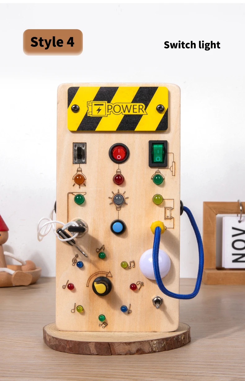 Lernspielzeug für Kinder, elektronisches LED-Licht, Baby-Sensory-Busy-Board aus Holz, Zubehör, Montessori-Spielzeug für Kleinkinder, Details