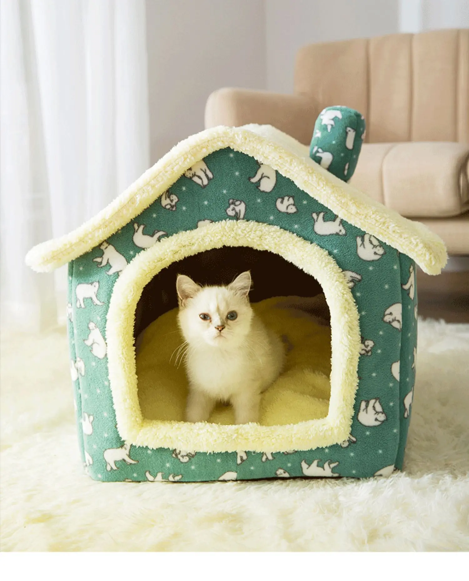 Cute House Pet Nest Wam Soft Plush Cat Bed Catoon