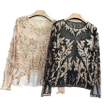 with Pearls Black Flower Beading Or Top 2020 Tops Shirt Women Fall Embroidery Sequin Blouse