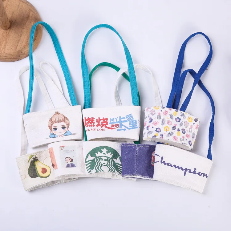 6/ 12 Wholesale Canvas Coffee Cup Sleeve Bag Reusable Travel Sleeve with Handle 