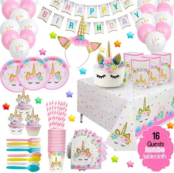 2021 Pink Unicorn Party Supplies Set Party Plates Tableware Colorful Happy Birthday Banner for Unicorn Party Decorations