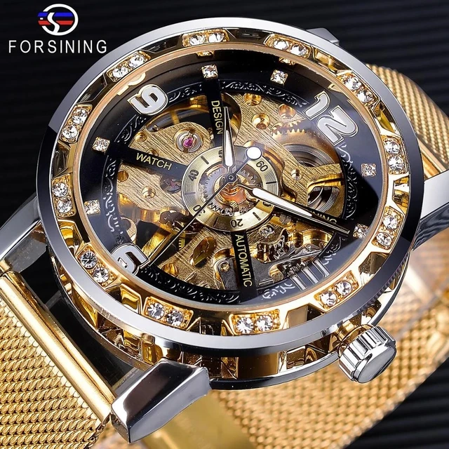 Forsining Luxury Diamond Golden Sliver Skeleton Mechanical Watch Stainless Steel Luminous Men Watches Sport Business Wristwatch