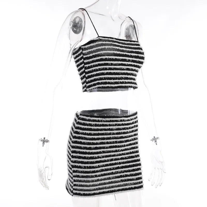 wholesale boutique clothing Summer sling black and white striped short top high waist mini skirt sexy 2 pieces set
