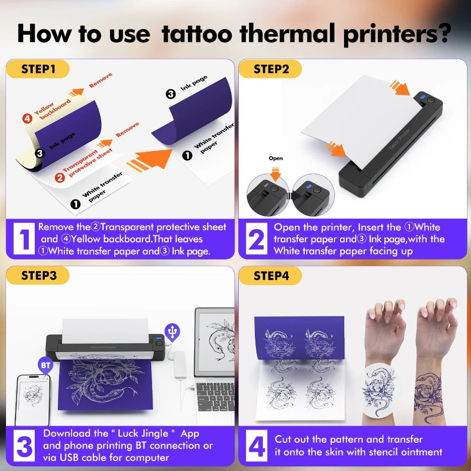 Luck Jingle PortableThermal Printer Bluetooth & USB Connected for Tattoo Artwork manufacture