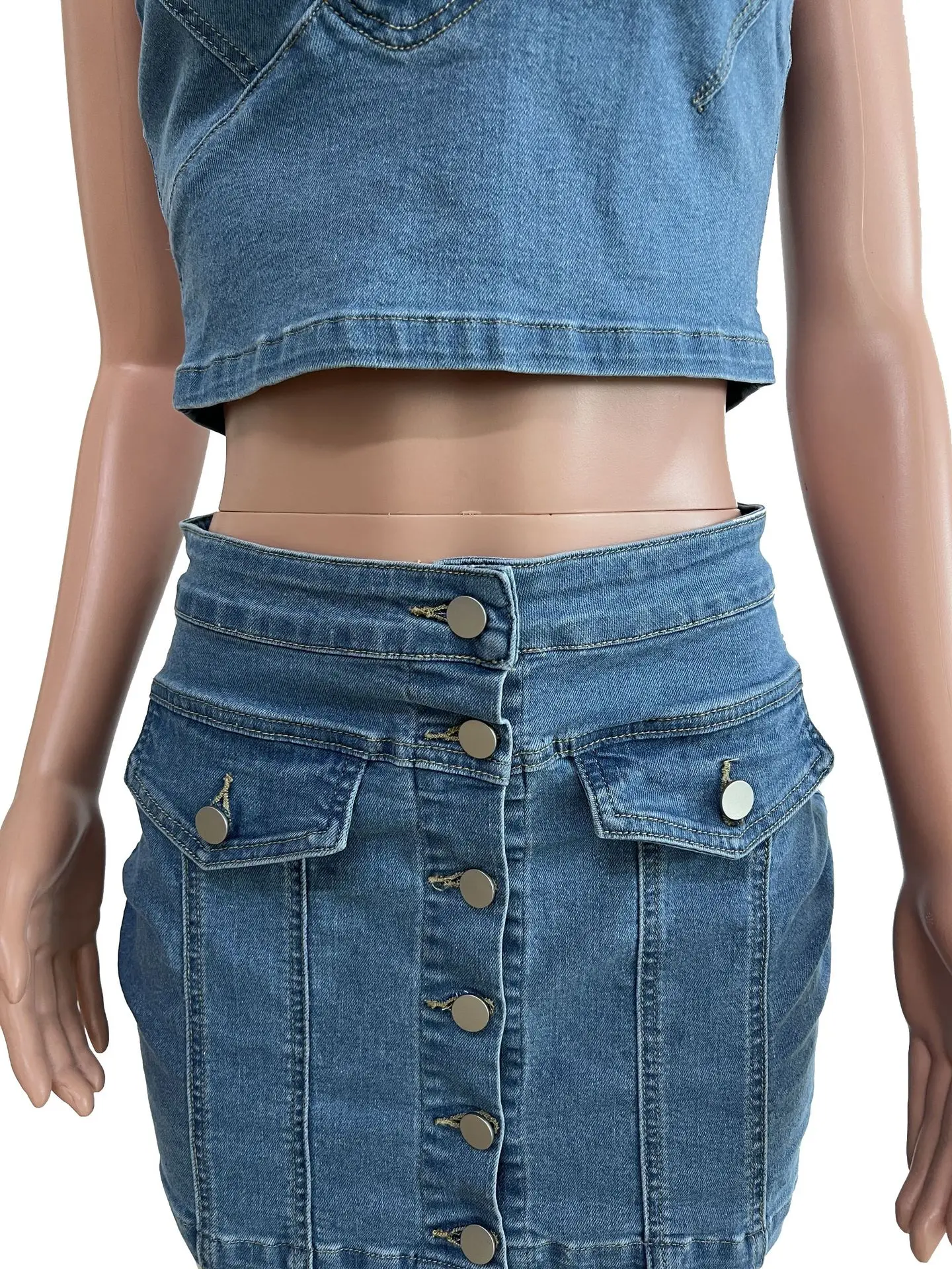 Latest Design Cotton Wash Denim Outfit for Women Sexy Strapless Crop Top High Waist Button Jean Mini Skirt 2 Piece Set details