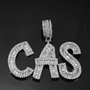 Iced Out Baguette Initials Gold Silver Bling Zirconia Hip Hop 26 English Letters Custom Name Pendant Necklace