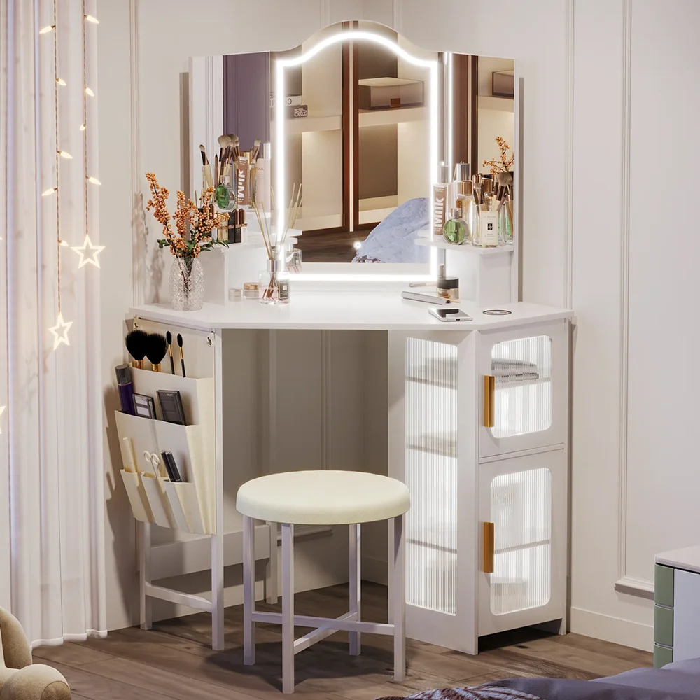 Modern Nordic Style Vanity Desk with Lighted Mirror MDF Wood Makeup Table with Storage for Bedroom Hotel or Dressing Room details