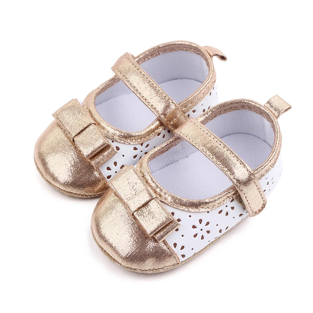 Baby Girls Bow Hollowed Flowers Sparkly Color Matching Princess Soft Soled Toddler Shoes factory
