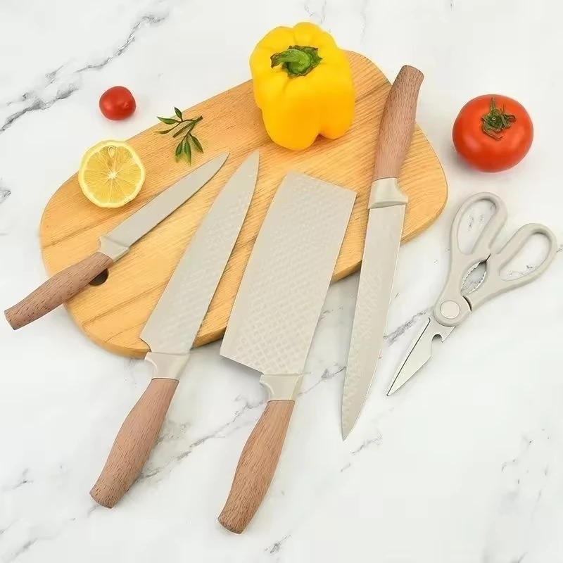 6-Pieces Khaki Sharp Non-stick Non-slip Stainless Steel  Kitchen Knife Set Customization Stainless Steel Kitchen knife set