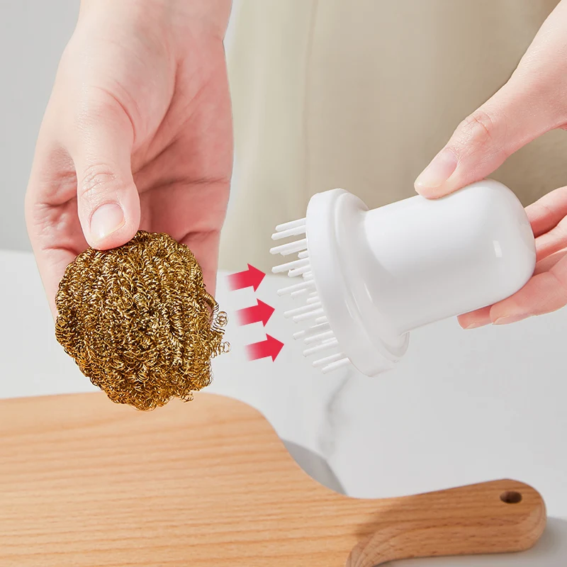 Cleaning Brush Stainless Steel Scourer with Plastic Handle Kitchen and Pot Cleaning Ball