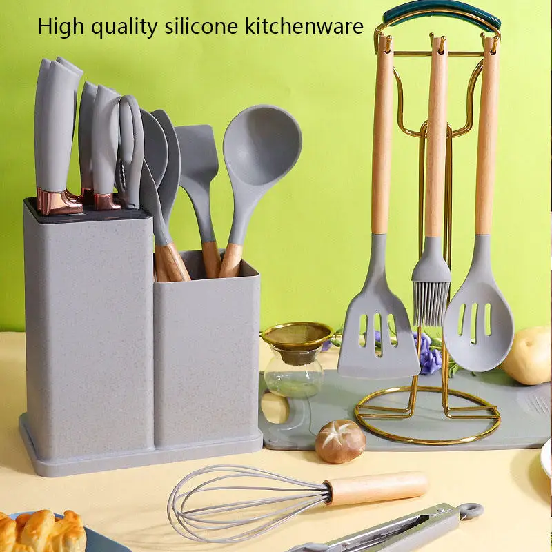 19pcs Heat Resistant Silicone Kitchen Accessories Set With Cuttings Board Storage Bucket Kitchen Gadget