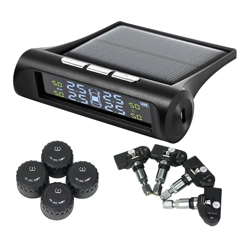 Alloet Tire Pressure Monitoring System Real-time Displays 4 Tires Pressure and Temperature Wireless Solar Power Universal with 4 External Sensors 
