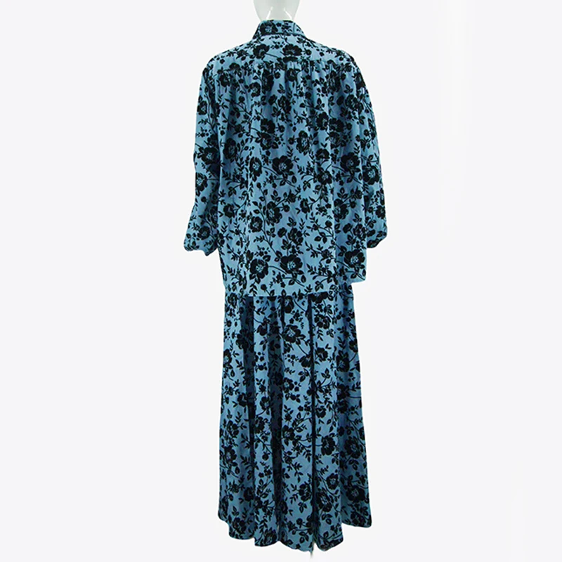 Muslim Casual Loose 2 Piece Set for Women Lantern Sleeve Tunic Bandage Top and High Waist Printed Pleated Dress Set details