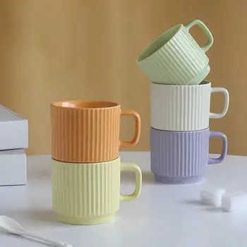 Hot Selling Cheap Simple Striped White Color Ceramic Cups Handmade Coffee Mug for Home and Office