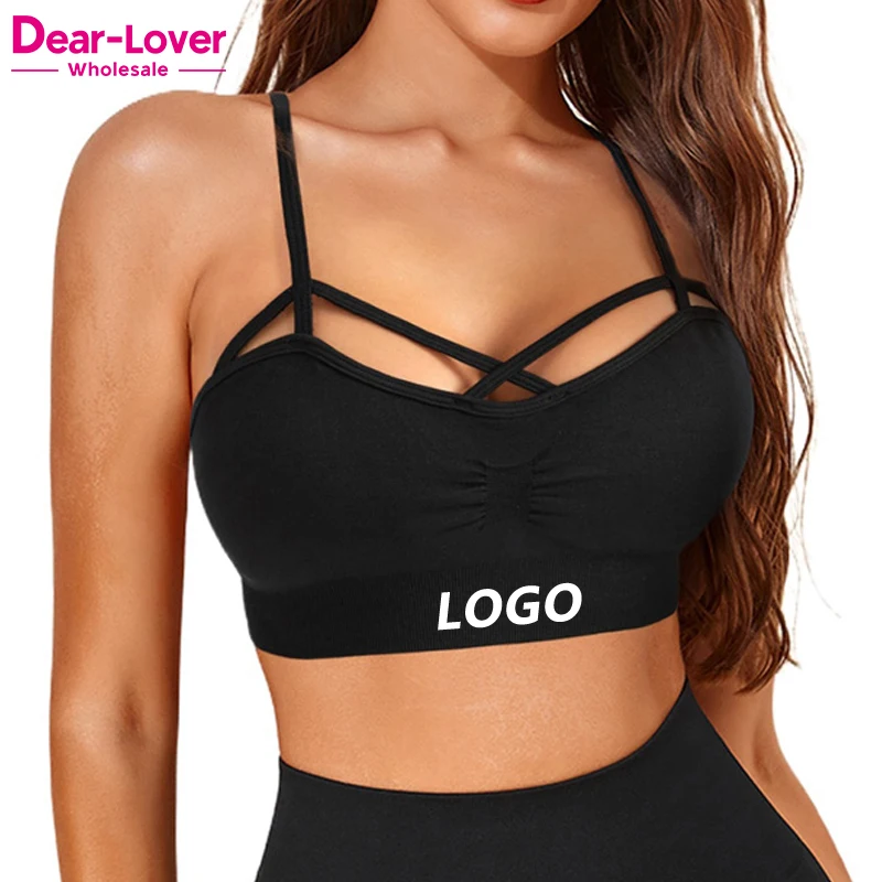 Dear-Lover OEM ODM Custom Logo Exercise Criss-Cross Cropped Mesh Sheer Printed Running Gym Workout Nude Sport Yoga Bra